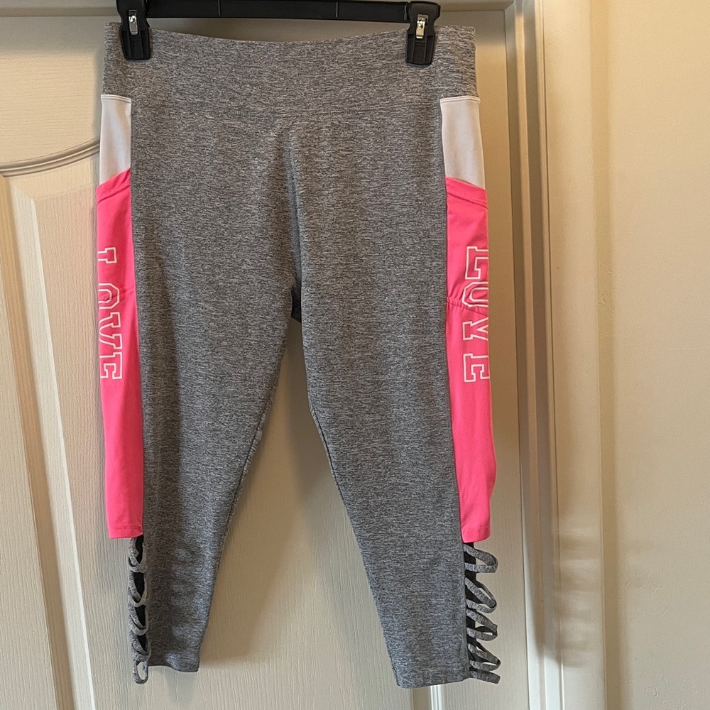Women Gray Leggings with Pink Side Panels and Lattice Hem - LOVE Accent 1X